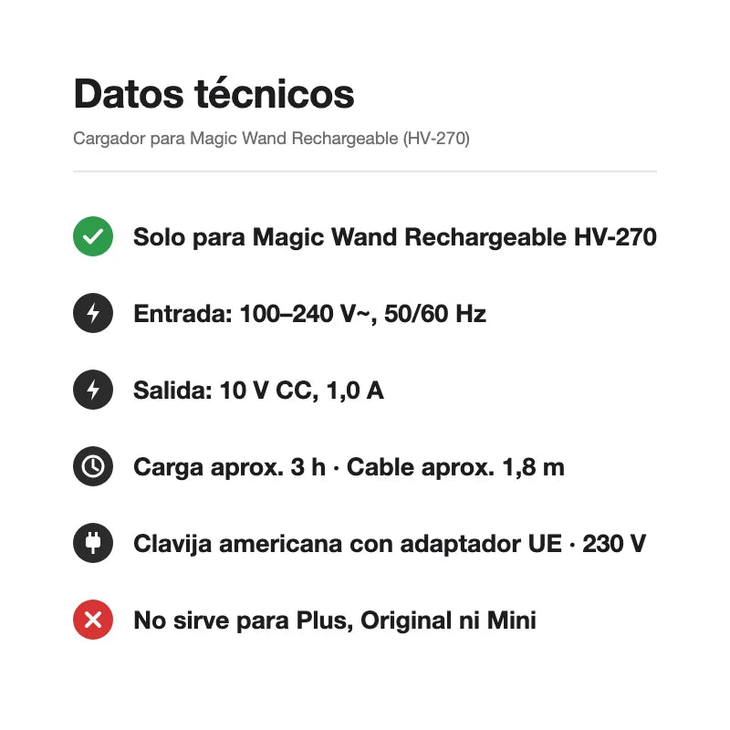 Cargador para Magic Wand Rechargeable (HV-270) — gráfico de datos técnicos: 100–240 V, salida 10 V CC / 1,0 A, solo para este modelo
