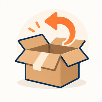 Caja abierta con flecha de devolución y precinto higiénico intacto