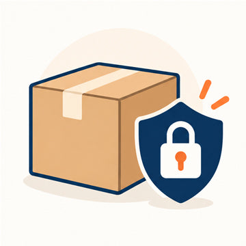 Caja de cartón neutra sin marcas, con escudo de privacidad