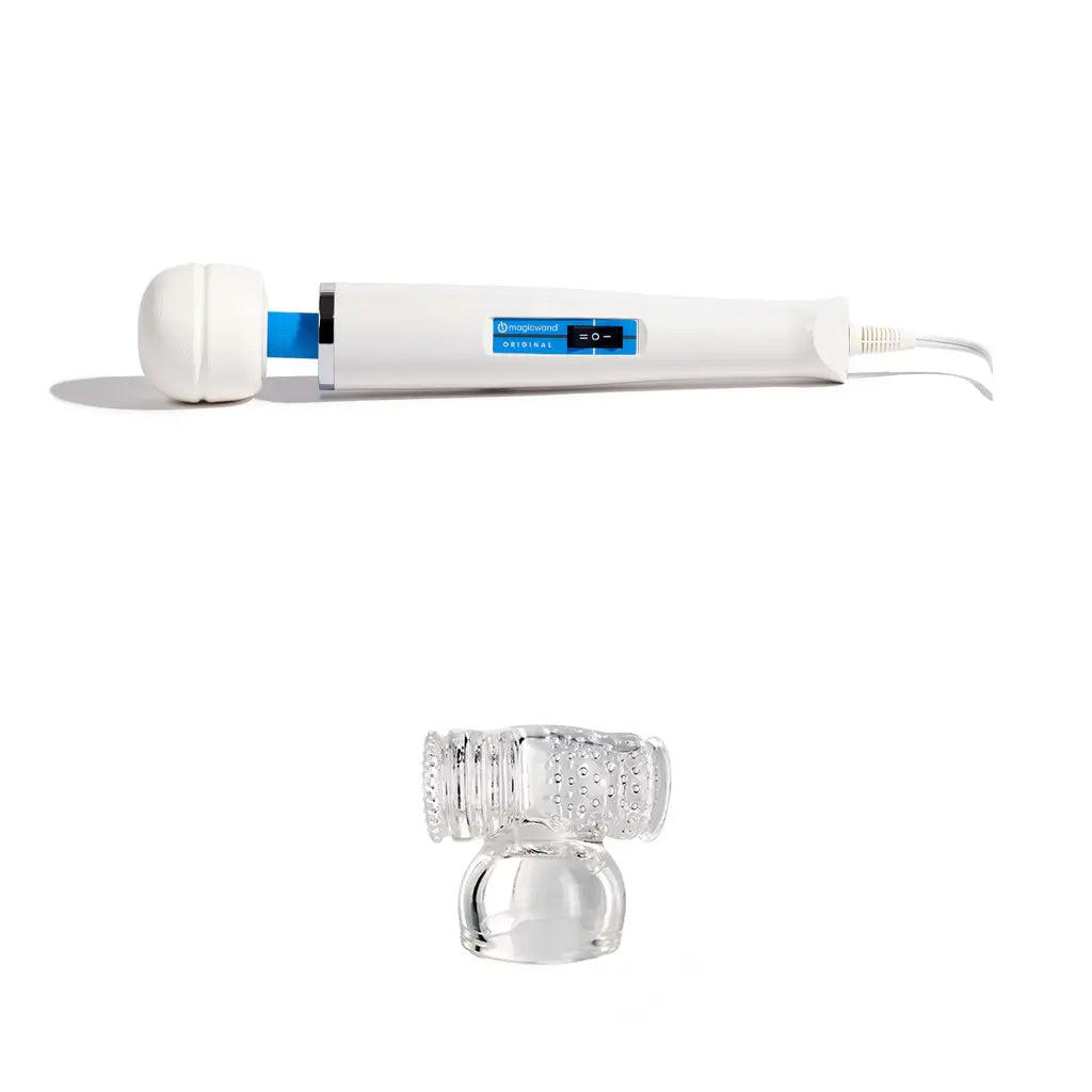 Magic Wand Original Set A — masajeador blanco con cable y, debajo, el accesorio Hummingbird transparente