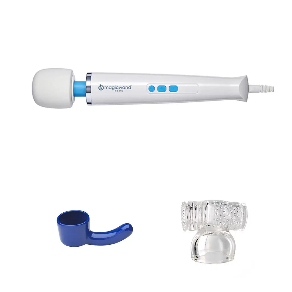 Magic Wand Plus Set Estándar — masajeador blanco y, debajo, los accesorios Hummingbird transparente y Curved Blue azul