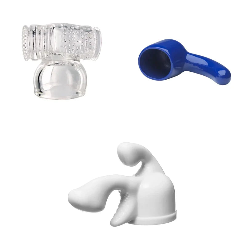 Set de accesorios para Magic Wand — Hummingbird transparente y Curved Blue azul arriba, Tri-Gasm blanco debajo, sobre fondo blanco